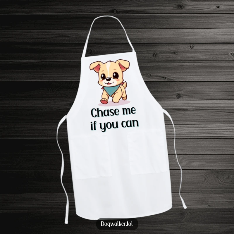 Funny Apron: A small, energetic dog wearing a tiny bandana runs ahead of its dog walker, perfect for kitchen duties.