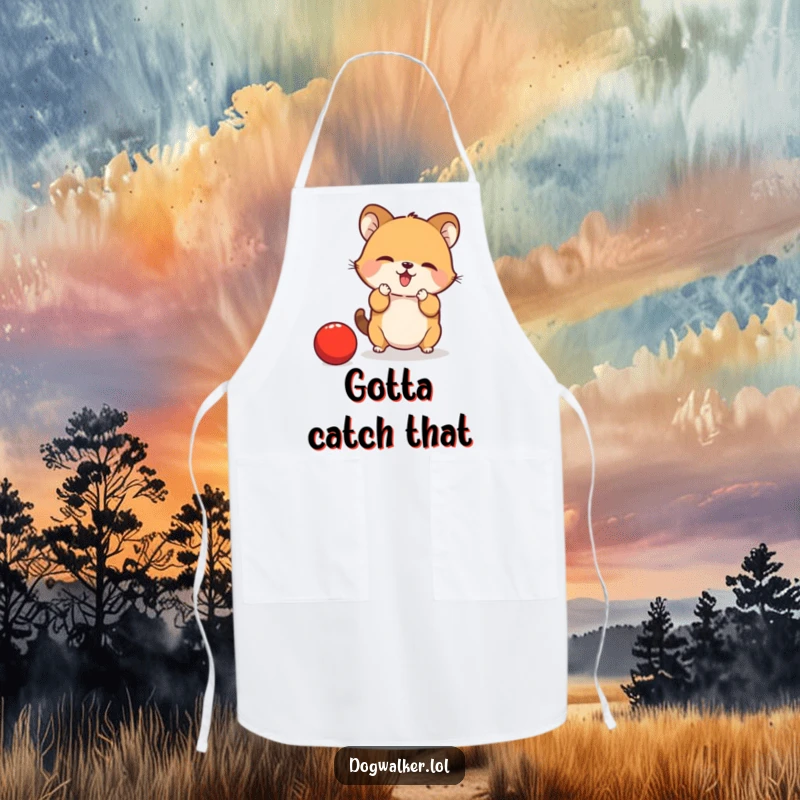 Funny Apron: A small animal is diligently trying to catch a bouncing red ball with its paws, ready for culinary challenges.