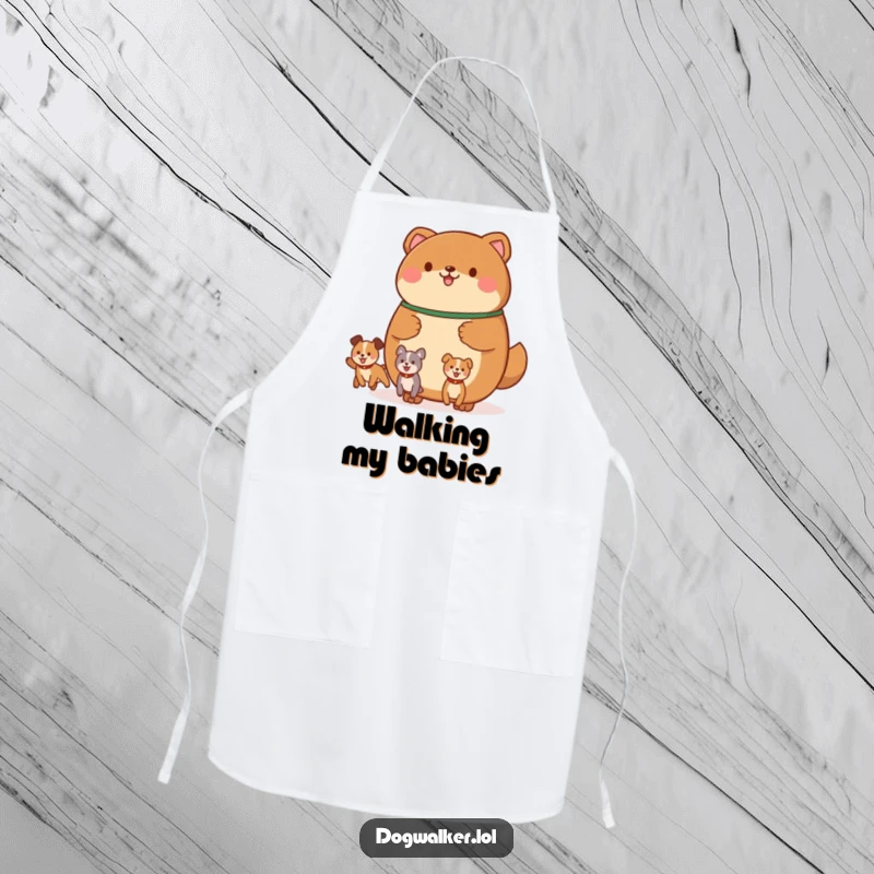 Funny apron depicting a round, brown animal holding a leash with multiple, happily bouncing canine shapes, ideal for dog walking.