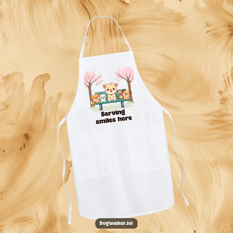 Funny Apron: A cheerful animal on a park bench is surrounded by happy, cartoon dogs, ready for kitchen fun.