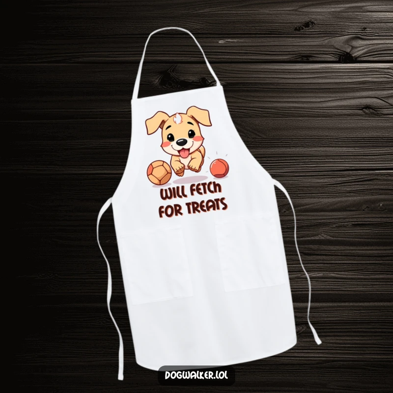 Funny apron showing a dog with floppy ears chasing a ball, ideal for humorous kitchen sessions and dog enthusiasts.