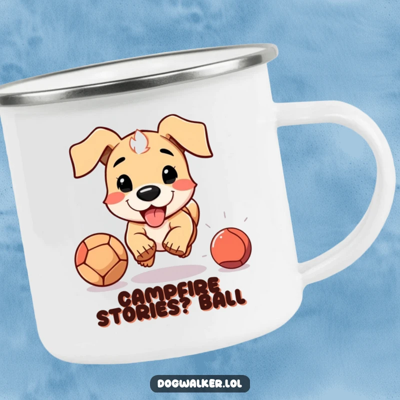 Funny camping mug showing a dog with floppy ears chasing a ball, perfect for humorous outdoor coffee breaks.