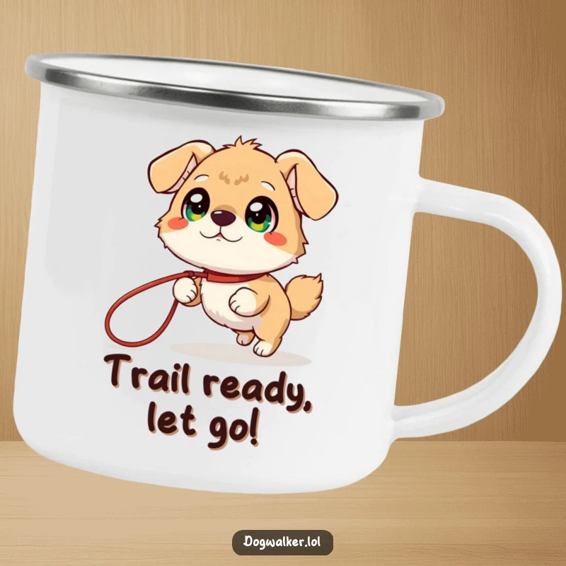 Funny Camping Mug: A giggling animal with bright eyes is on a leash, ready for outdoor fun and laughs.