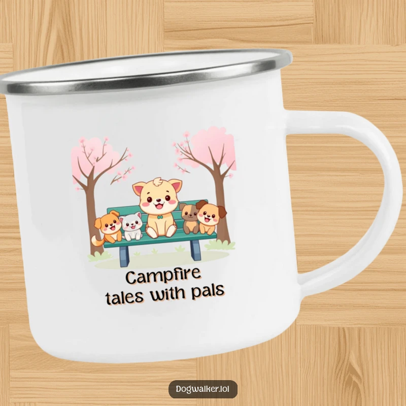 Funny Camping Mug: A happy animal on a park bench with cartoon dogs, perfect for outdoor fun and coffee.