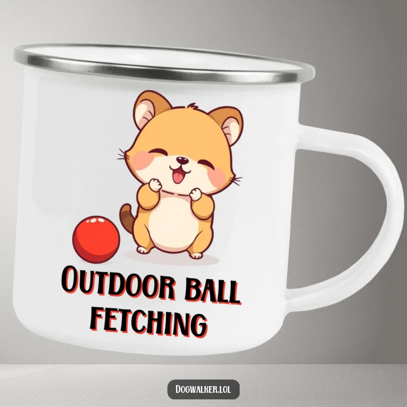 Funny Camping Mug: A small animal is determined to catch a bouncing red ball with its paws, ready for outdoor play.