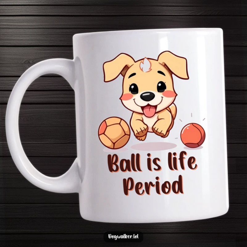 Funny mug showing a dog with floppy ears excitedly chasing a thrown ball, embodying pure canine joy and energy.