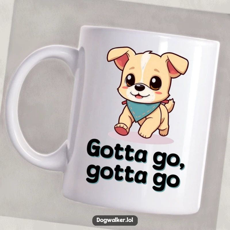 Funny Mug: A small, energetic dog wearing a tiny bandana runs excitedly ahead of its smiling dog walker.