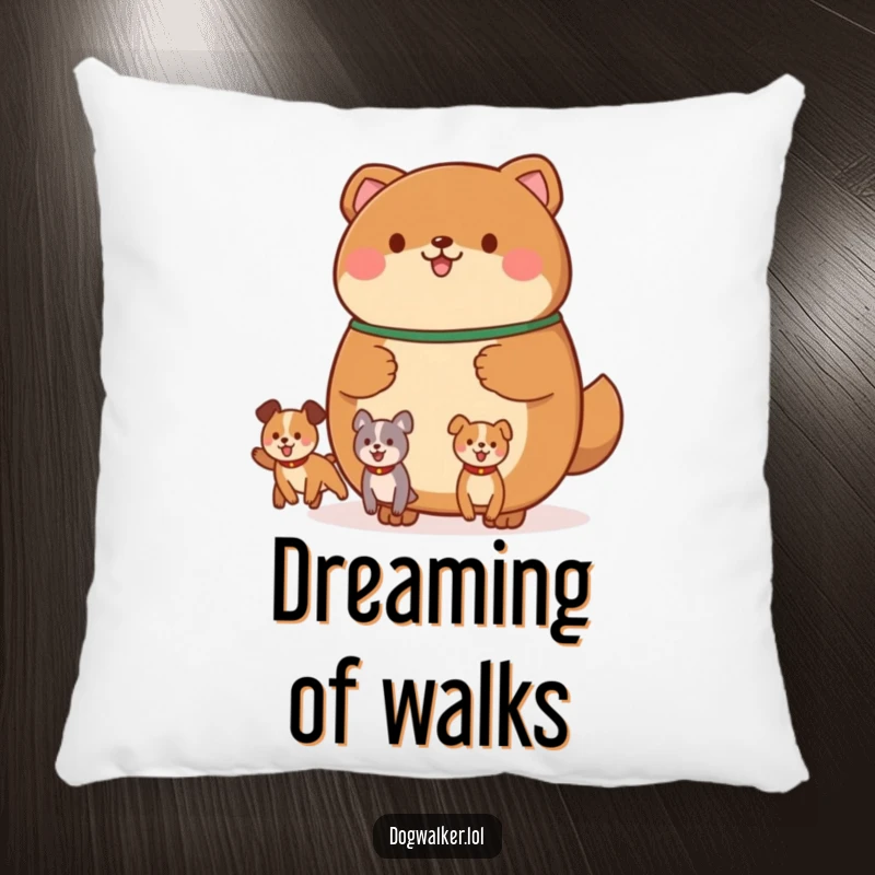 Funny pillow featuring a round, brown animal holding a leash with multiple, happily bouncing canine shapes, adding comfort and pet-themed charm.