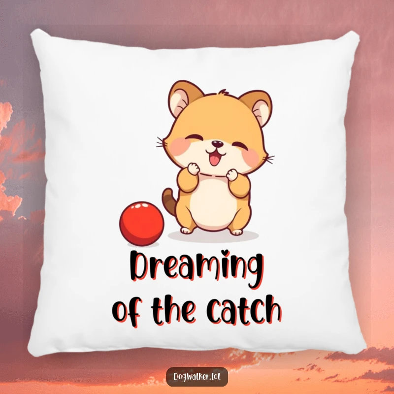 Funny Pillow: A small animal is intensely focused on catching a bouncing red ball with its paws, ready for action.