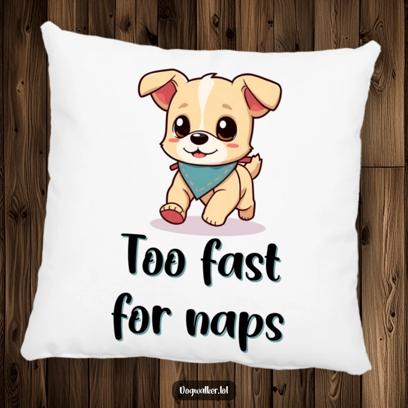 Funny Pillow: A small, energetic dog wearing a tiny bandana runs ahead of its dog walker, a comfy decor piece.
