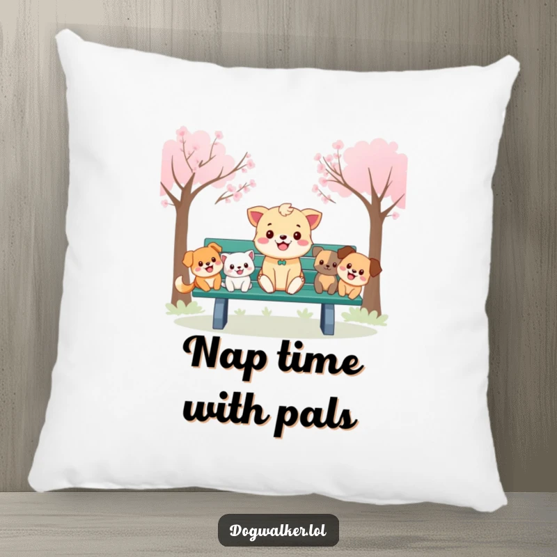 Funny Pillow: A relaxed animal sits on a park bench, enjoying the company of a few cheerful, cartoon dogs.