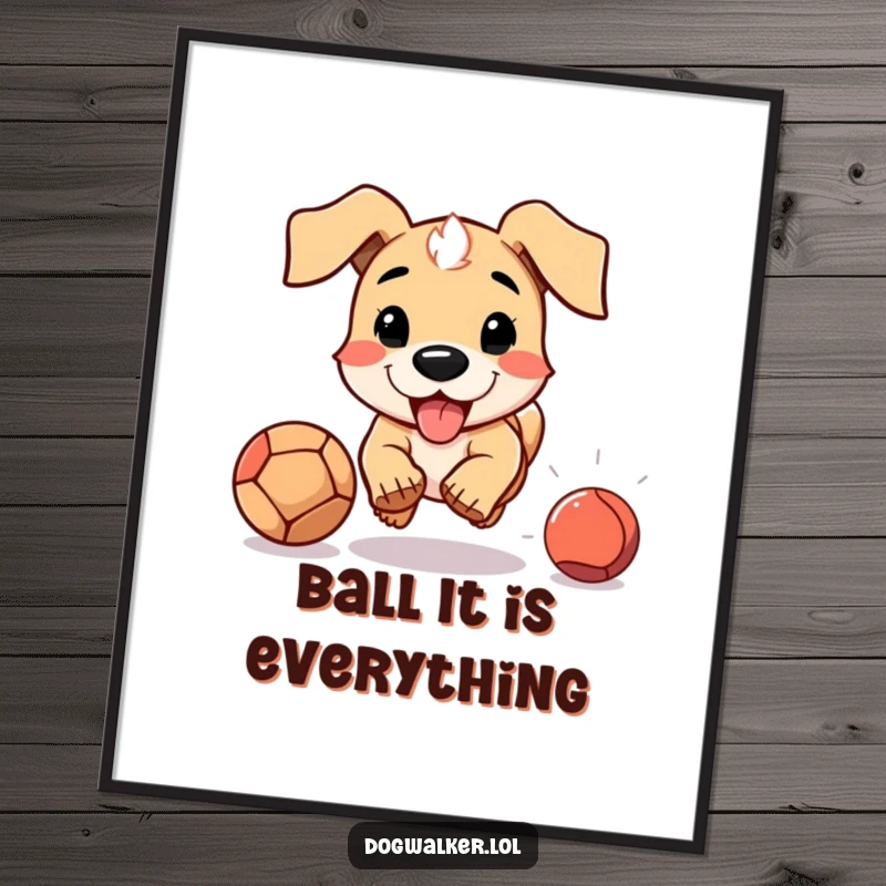 Funny digital art print of a dog with floppy ears enthusiastically chasing a ball, perfect for instant playful decor.