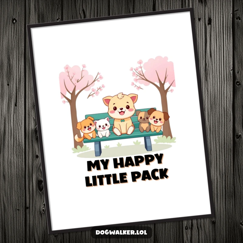 Funny Digital Art: A cheerful animal sits on a park bench, surrounded by happy cartoon dogs, creating a heartwarming scene.