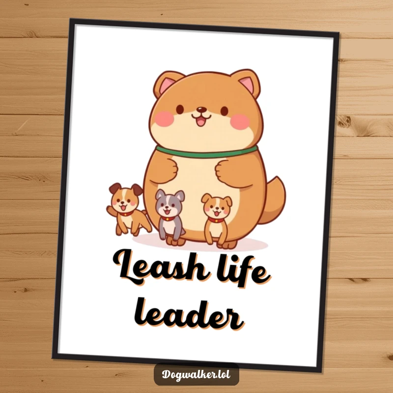 Funny digital art print of a round, brown animal holding a leash with multiple, happily bouncing canine shapes, ready for instant download.