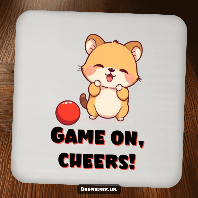 Funny Coaster: A small animal is attempting to catch a bouncing red ball with its paws, protecting your surfaces humorously.