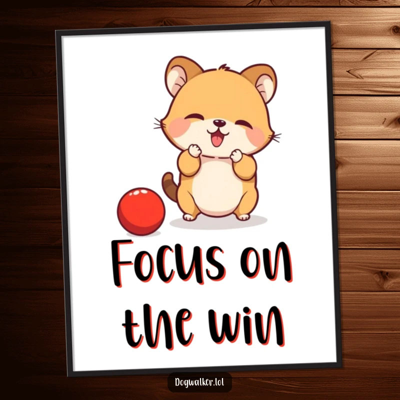 Funny Poster: A small, agile animal is in the process of catching a bouncing red ball with its nimble paws.