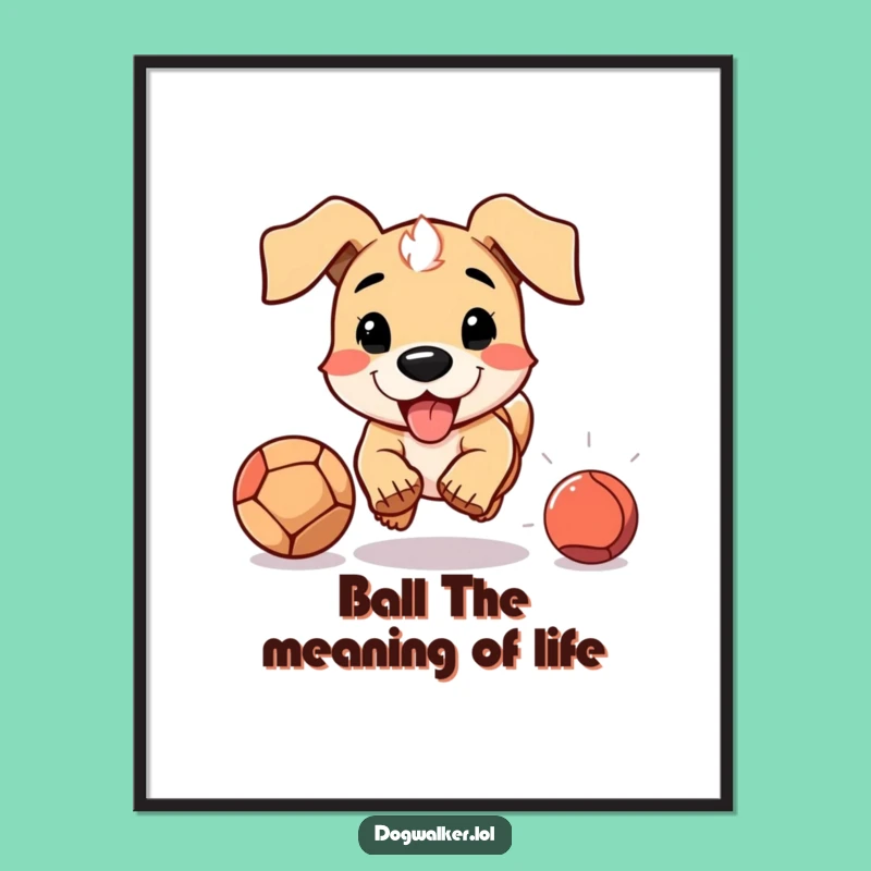 Funny Dog Art Poster: Floppy Eared Pup Chasing Ball, Energetic Wall Decor