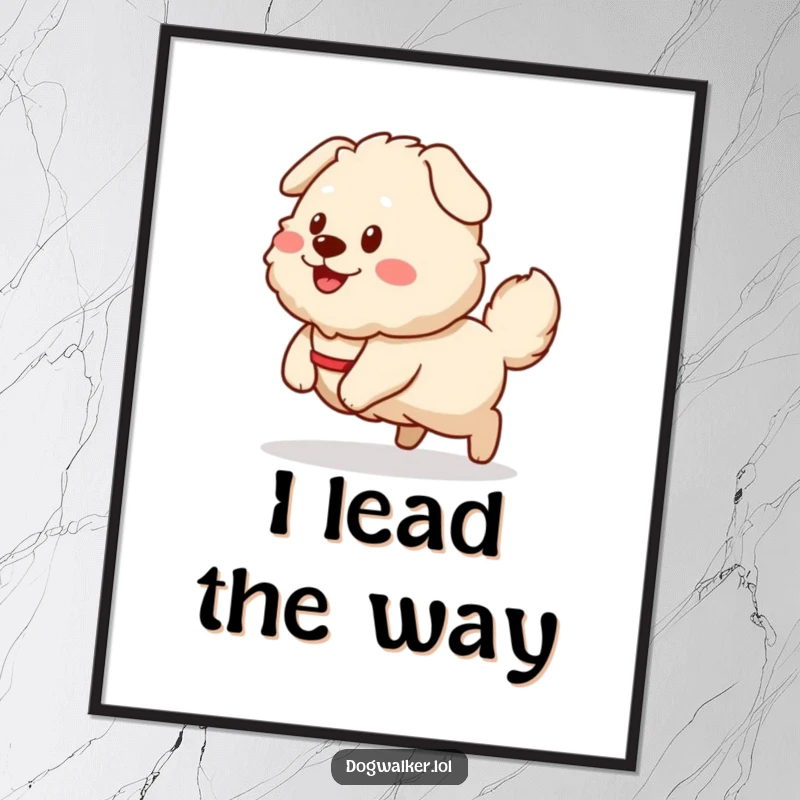 Funny Poster: A fluffy dog with a wagging tail happily pulls a smiling dog walker sprite, creating a humorous scene.