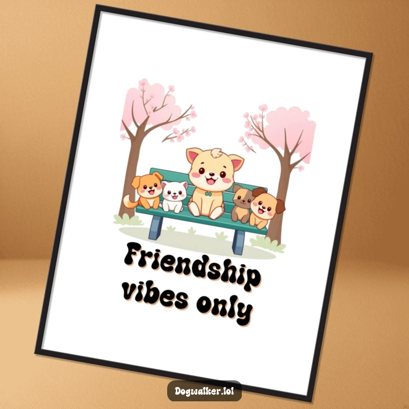 Funny Poster: A cheerful animal seated on a park bench is joyfully surrounded by several friendly, cartoon dogs.