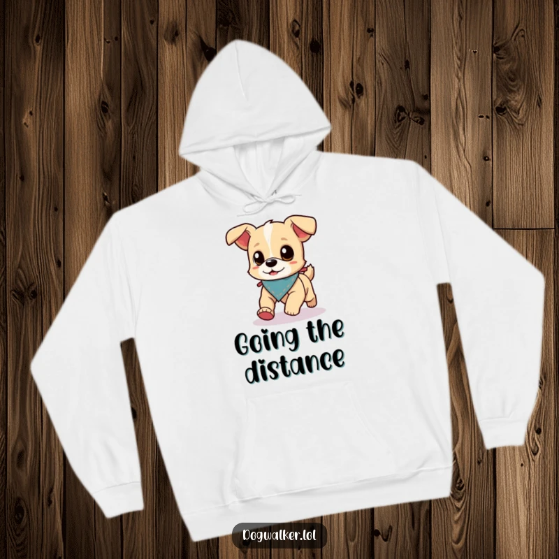 Funny Hoodie: A small, energetic dog in a tiny bandana runs ahead of its dog walker, embodying pure speed.