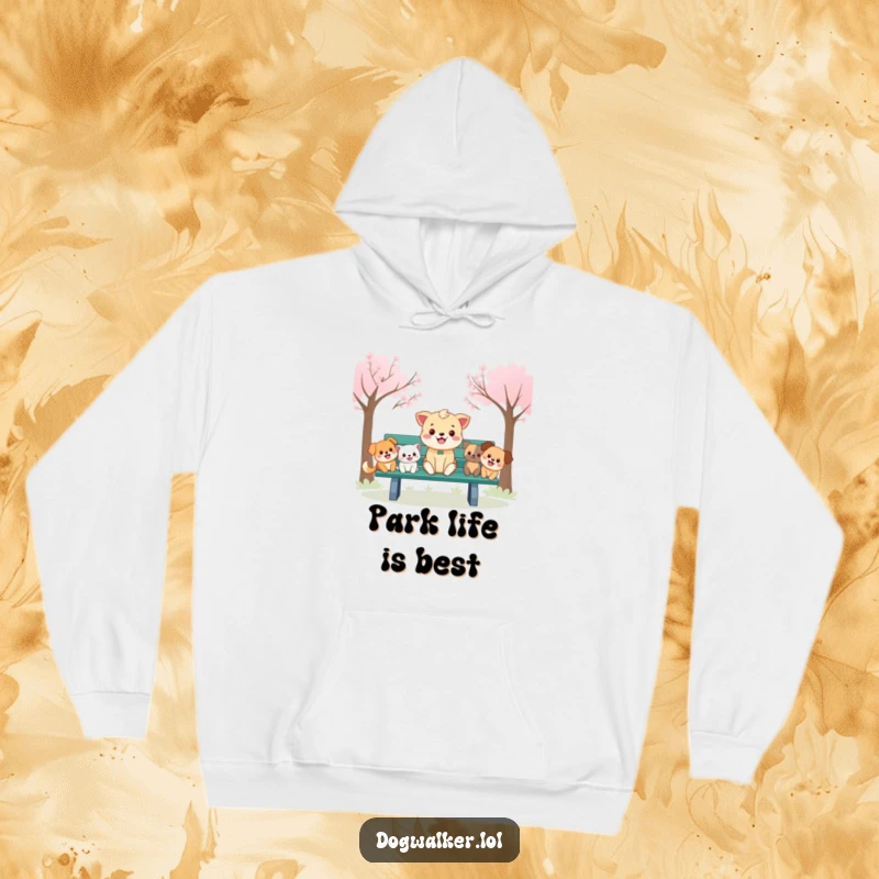 Funny Hoodie: A content animal relaxes on a park bench, surrounded by excited, cartoon dogs, enjoying a sunny day.