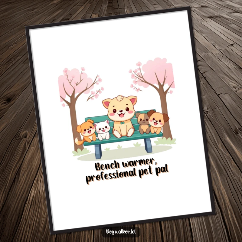 Funny Free Printable Wall Art: Cheerful animal on a park bench, happily surrounded by a group of cartoon dogs.