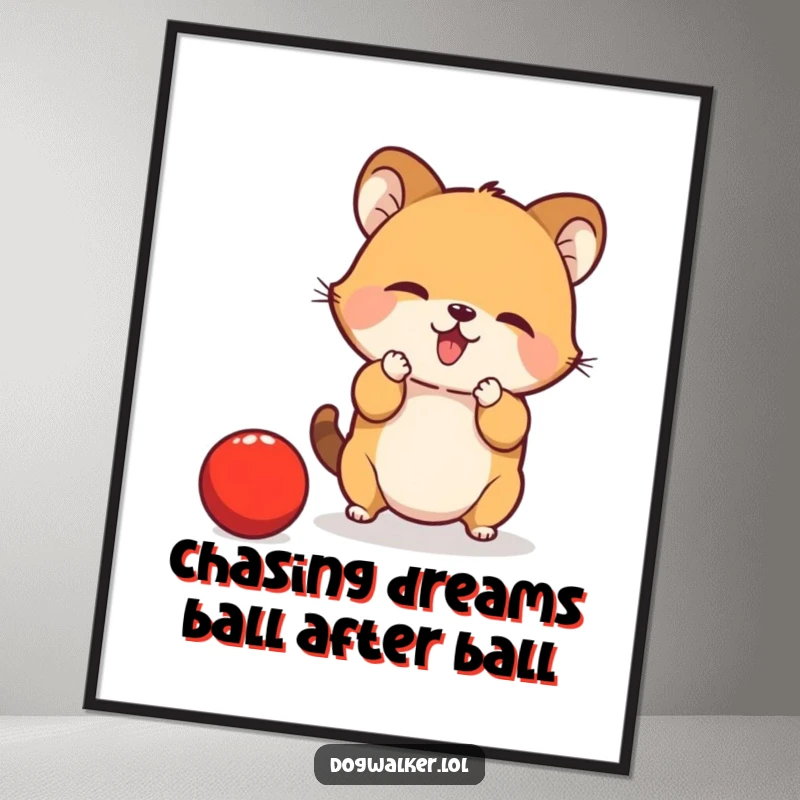 Funny Free Printable Wall Art: Small animal with paws outstretched, trying to catch a bouncing red ball in mid-air.