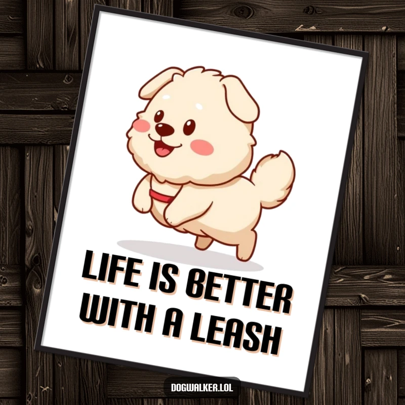 Funny Free Printable Wall Art: Fluffy dog joyfully pulls a smiling dog walker sprite, both radiating happiness.