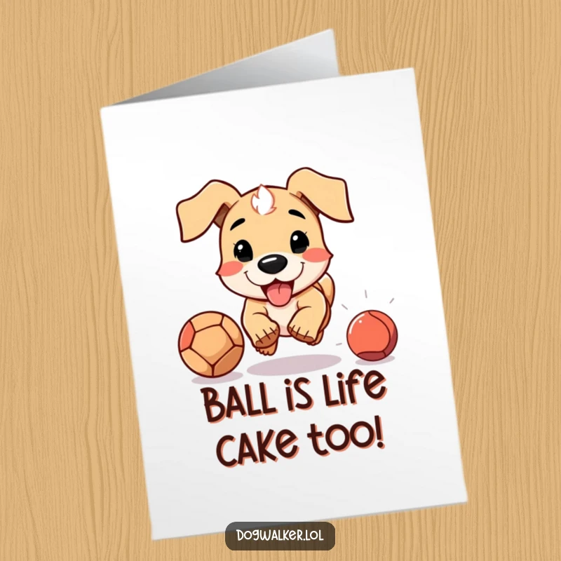 Funny Free Printable Birthday Card: Floppy-eared dog joyfully chasing a thrown ball, energetic pet, birthday celebration, downloadable.