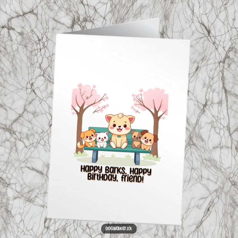 Funny Free Printable Birthday Card: Cheerful animal on a park bench surrounded by happy cartoon dogs, celebrating.