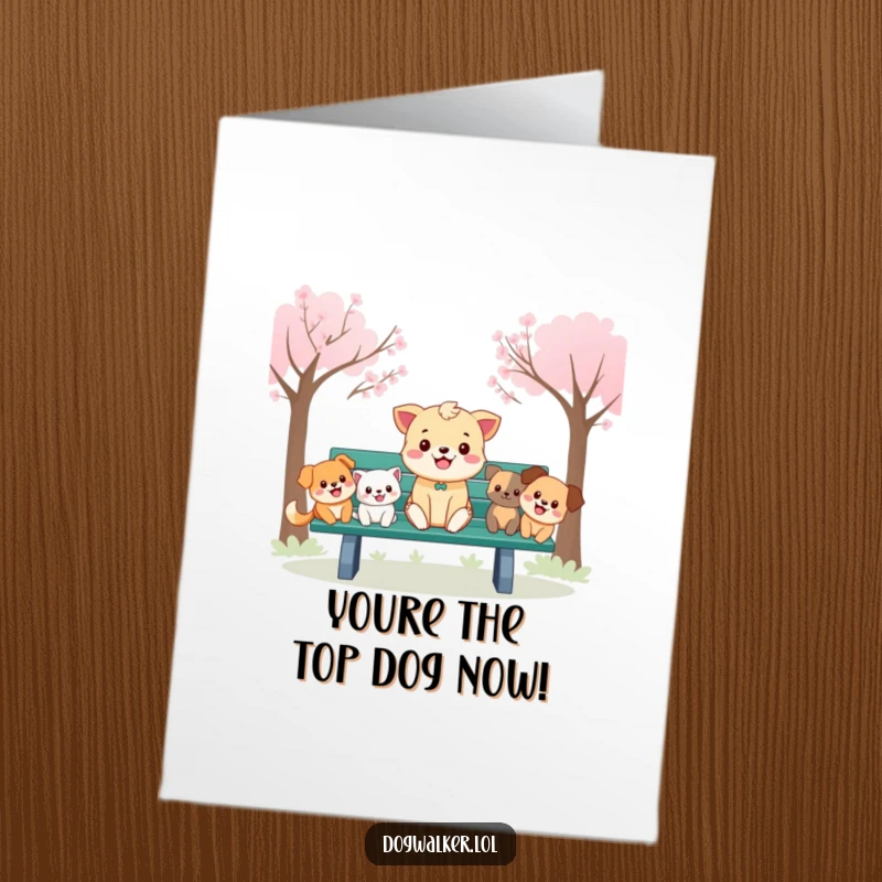 Funny Free Printable Congrats Card: Cheerful animal sitting on a park bench with a pack of happy dogs, celebrating.