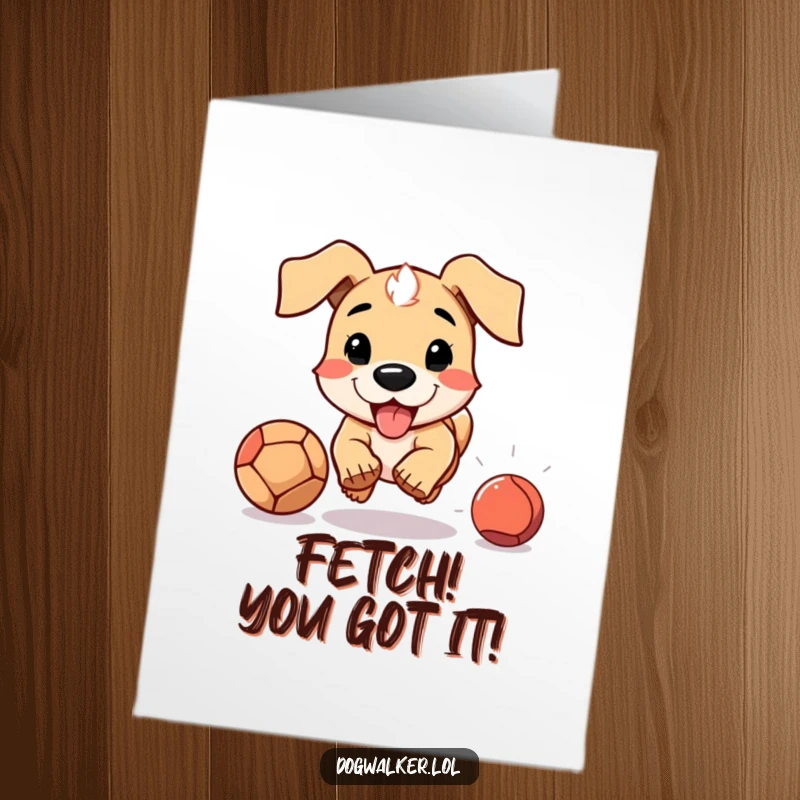 Free Printable Congratulations Card: Energetic dog with floppy ears, enthusiastically chasing a thrown ball, celebrating success, humorous art.