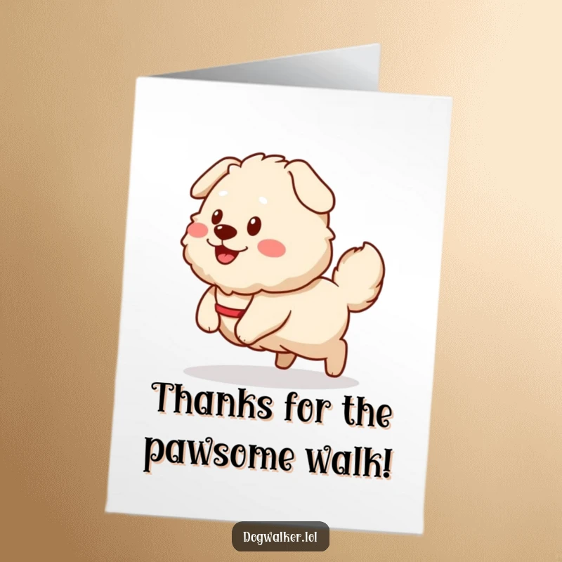 Funny Free Printable Thank You Card: Fluffy dog's tail wags excitedly as it pulls a happy dog walker sprite.