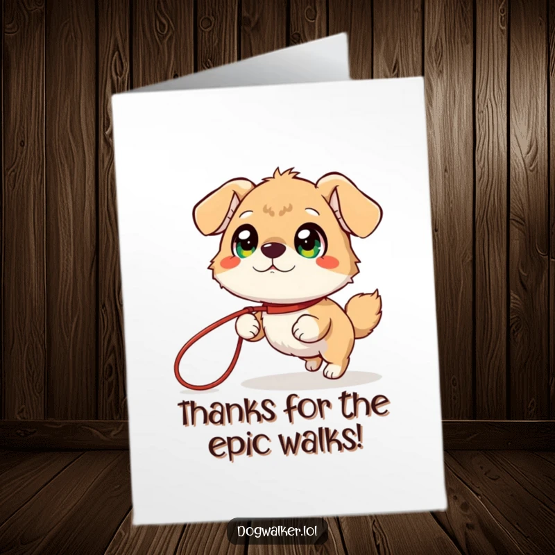 Funny Free Printable Thank You Card: Giggling animal with bright eyes being pulled by a leash, expressing thanks.