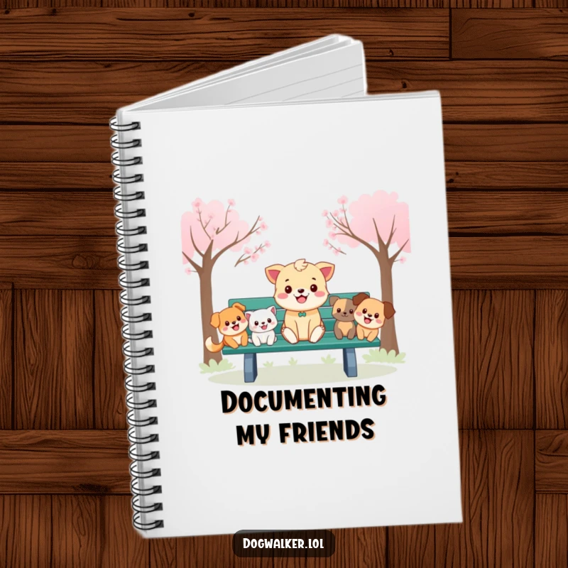 Funny Notebook: A happy animal sits on a park bench, with several cartoon dogs nearby, perfect for jotting notes.