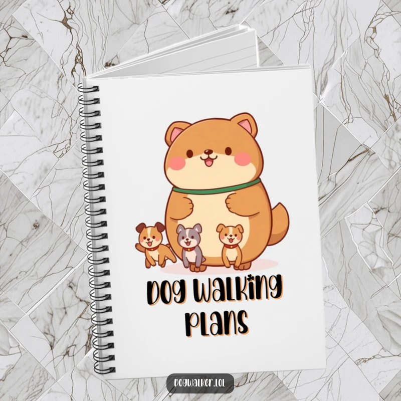 Funny notebook featuring a round, brown animal holding a leash with multiple, happily bouncing canine shapes, perfect for dog-related notes.