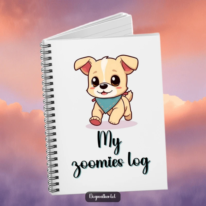 Funny Notebook: A small, energetic dog wearing a tiny bandana runs ahead of its dog walker, ready for your notes.