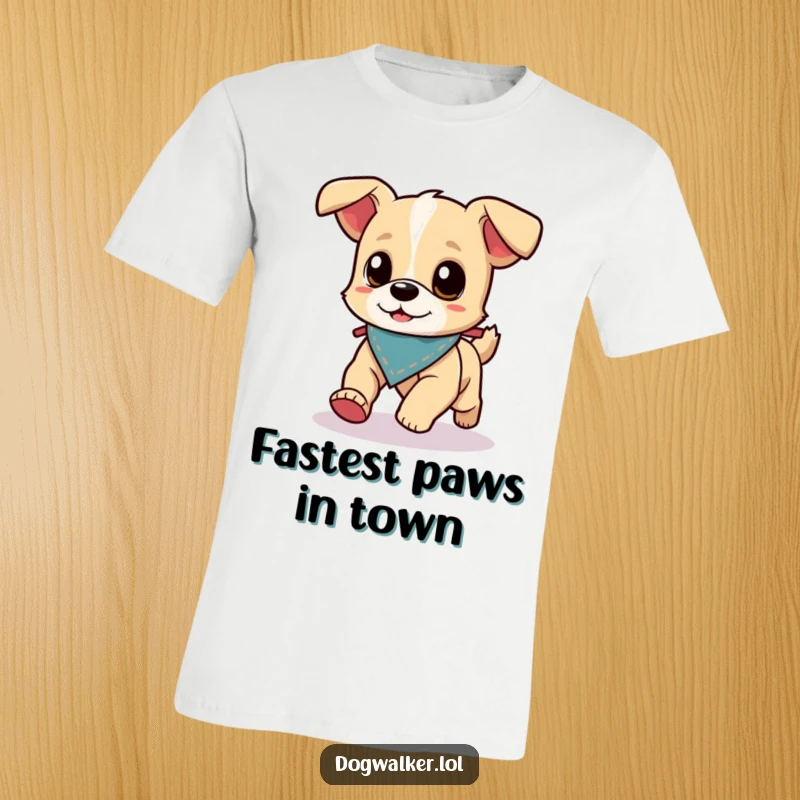 Funny T-Shirt: A small, energetic dog wearing a tiny bandana is running ahead of its dog walker, full of excitement.