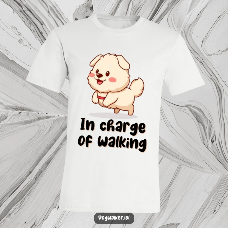 Funny T-Shirt: A fluffy dog is happily pulling a smiling dog walker sprite, showcasing pure canine enthusiasm.