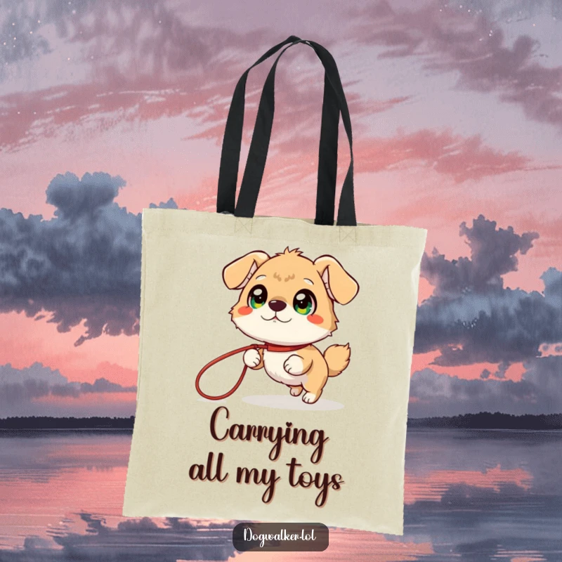 Funny Tote Bag: A happy, giggling animal with big, luminous eyes is joyfully pulled forward by a long, playful leash.