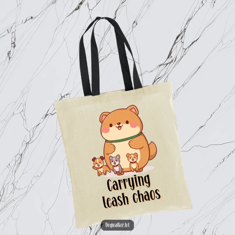 Funny tote bag featuring a round, brown animal holding a leash with multiple, happily bouncing canine shapes, perfect for dog walking essentials.
