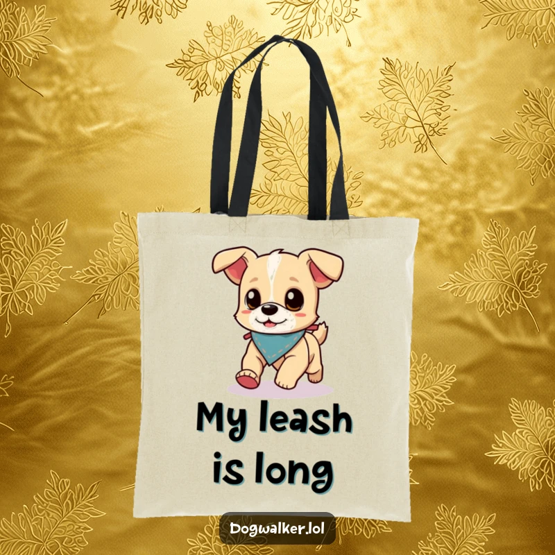 Funny Tote Bag: A small, energetic dog wearing a tiny bandana runs ahead of its dog walker, perfect for carrying essentials.